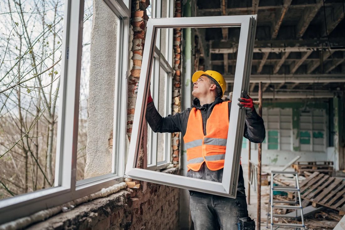 Installer carrying a new window frame into place