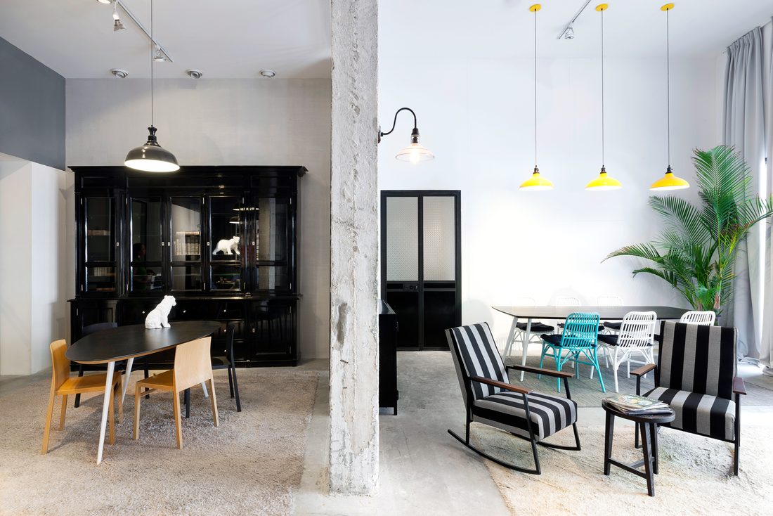 Loft interior with black-frame glass doors