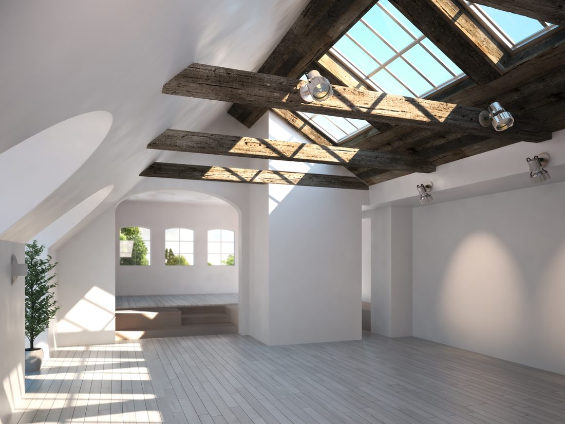 Loft brightened by skylight windows